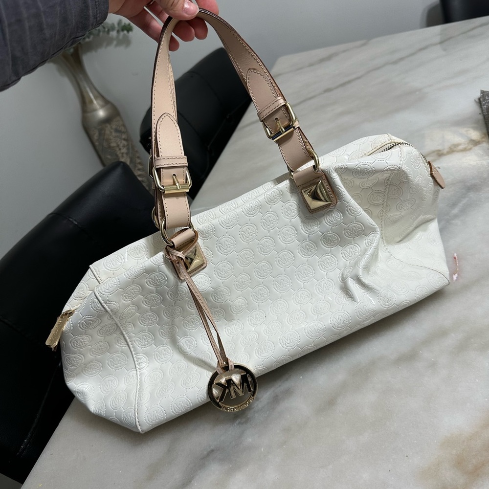 MICHAEL KORS Large Embossed Patent Satchel Bag GRAYSON Handbag Monogram WHITE